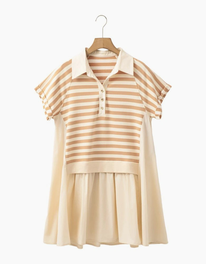 Khaki Stripe Two-in-one Collared Cap Sleeve Patchwork Loose Mini Dress