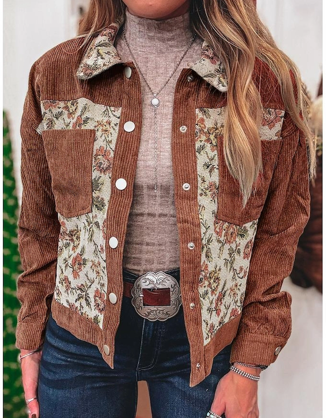 Clay Ribbed Retro Floral Patchwork Shirt Style Jacket