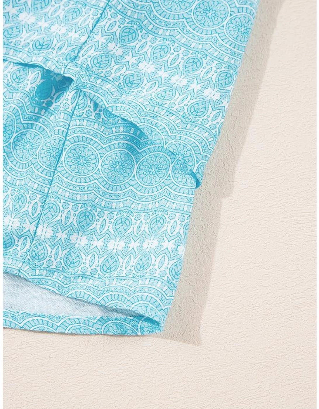 Sky Blue Tribal Pattern Print Ruffled Wide Straps Loose Tank Top