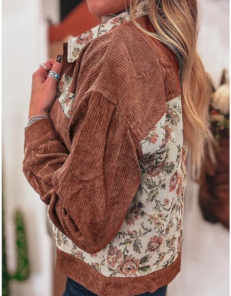 Clay Ribbed Retro Floral Patchwork Shirt Style Jacket