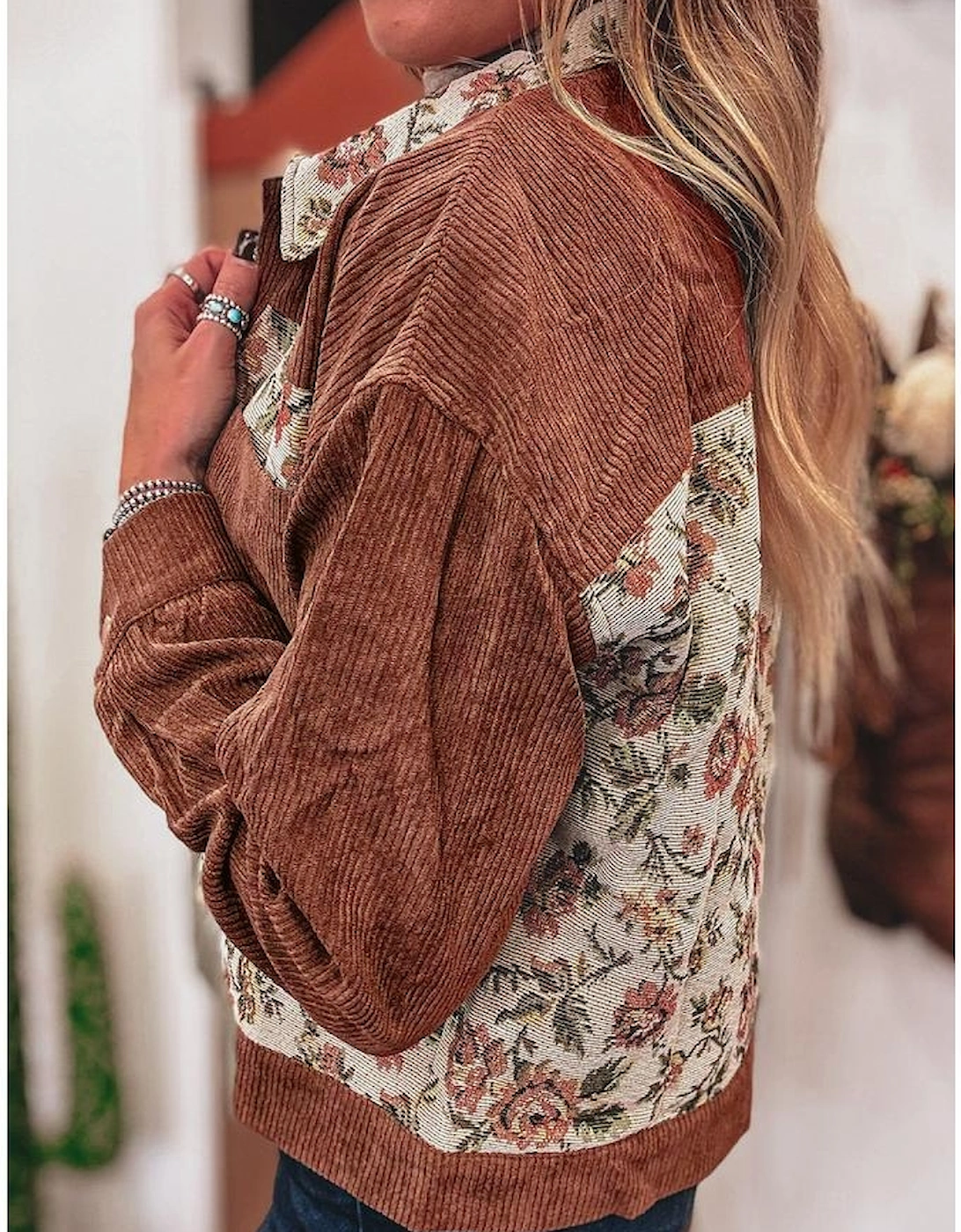 Clay Ribbed Retro Floral Patchwork Shirt Style Jacket, 3 of 2