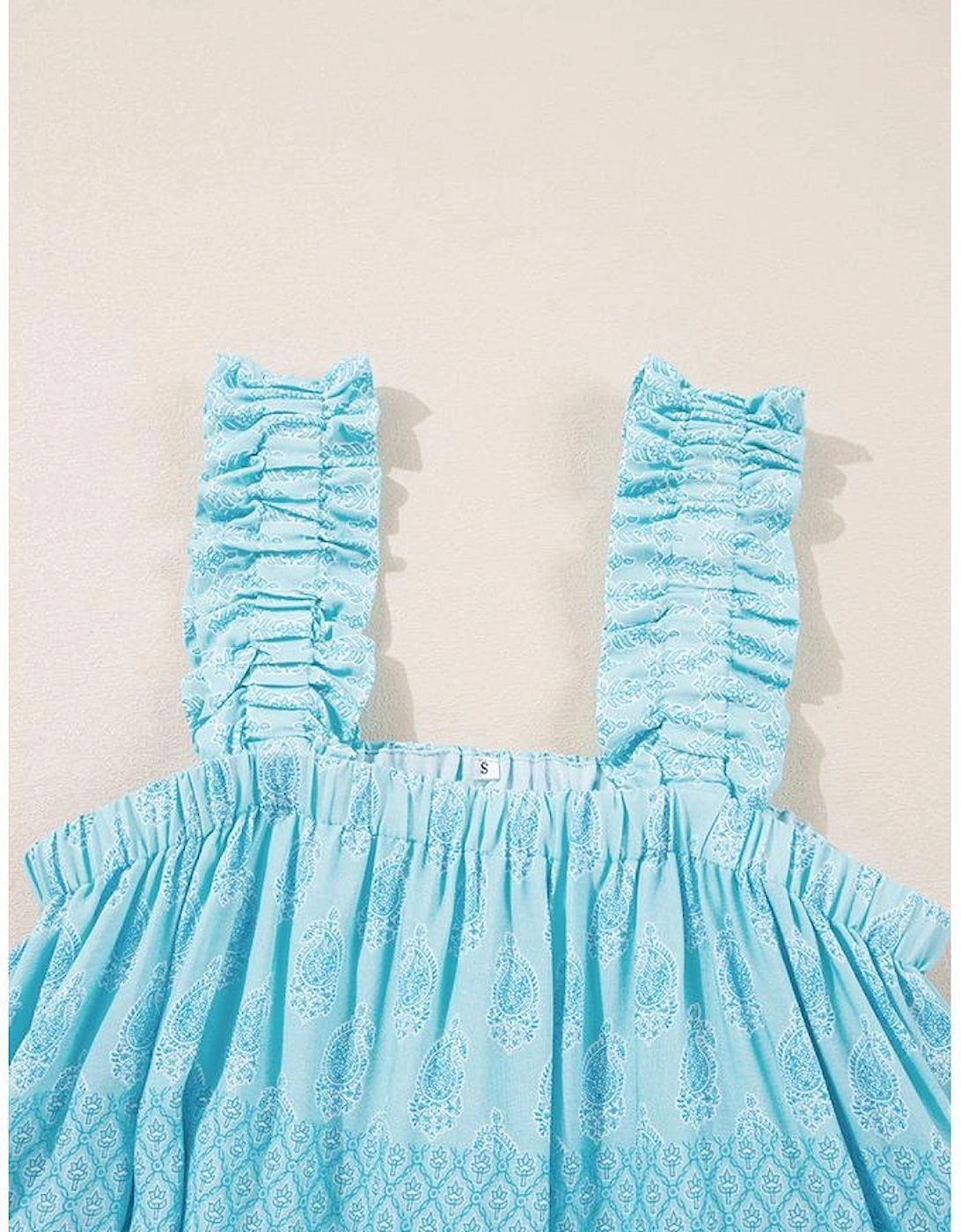 Sky Blue Tribal Pattern Print Ruffled Wide Straps Loose Tank Top