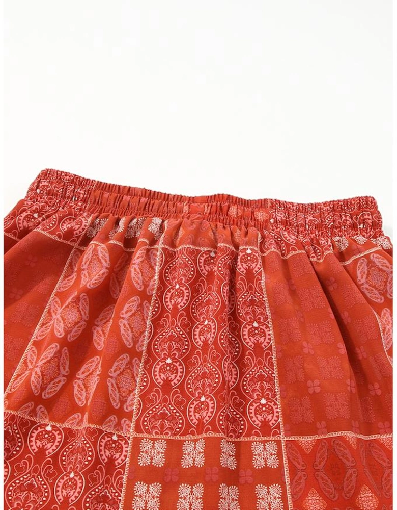 Red Bohemian Mix Print Long Flared Skirt