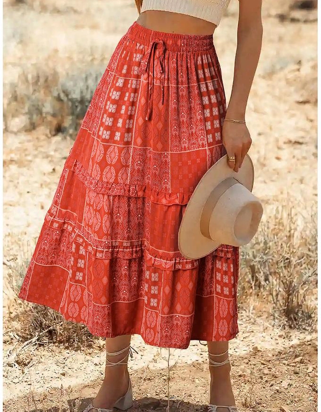 Red Bohemian Mix Print Long Flared Skirt
