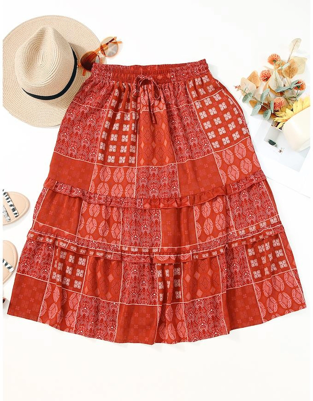 Red Bohemian Mix Print Long Flared Skirt