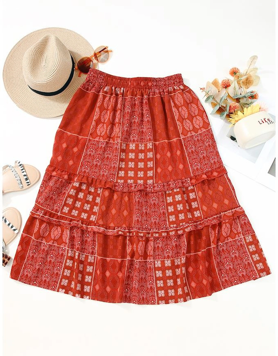 Red Bohemian Mix Print Long Flared Skirt