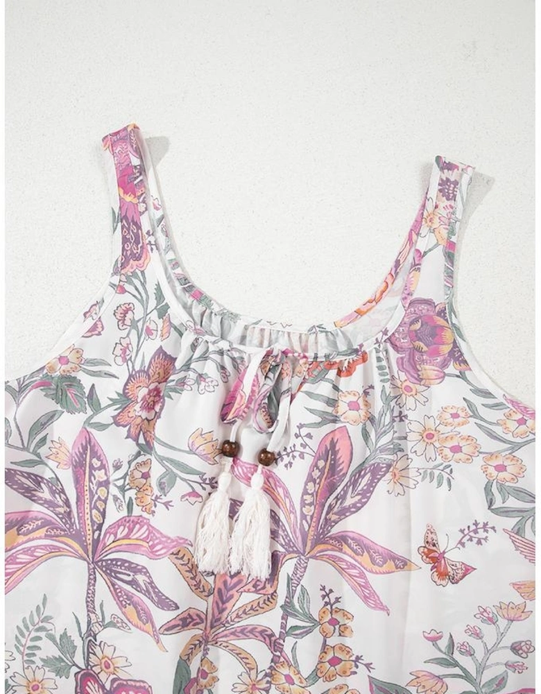 Multicolour Floral Print Fringed Tie U Neck Sleeveless Mini Dress