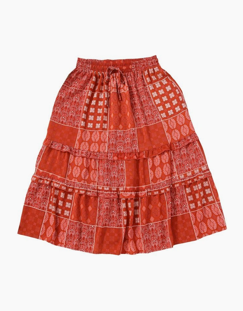 Red Bohemian Mix Print Long Flared Skirt