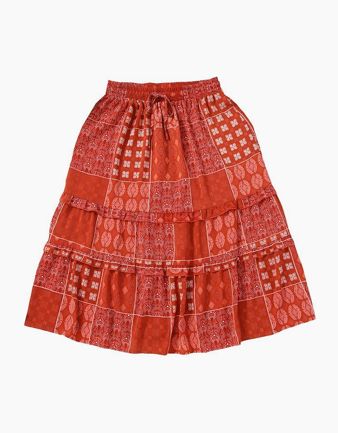 Red Bohemian Mix Print Long Flared Skirt