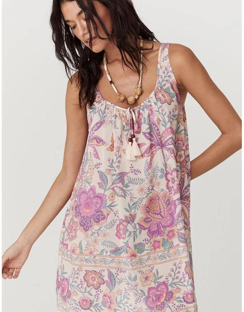 Multicolour Floral Print Fringed Tie U Neck Sleeveless Mini Dress