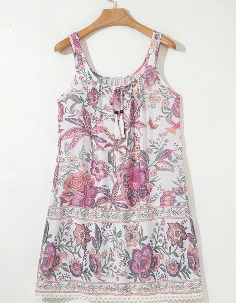 Multicolour Floral Print Fringed Tie U Neck Sleeveless Mini Dress