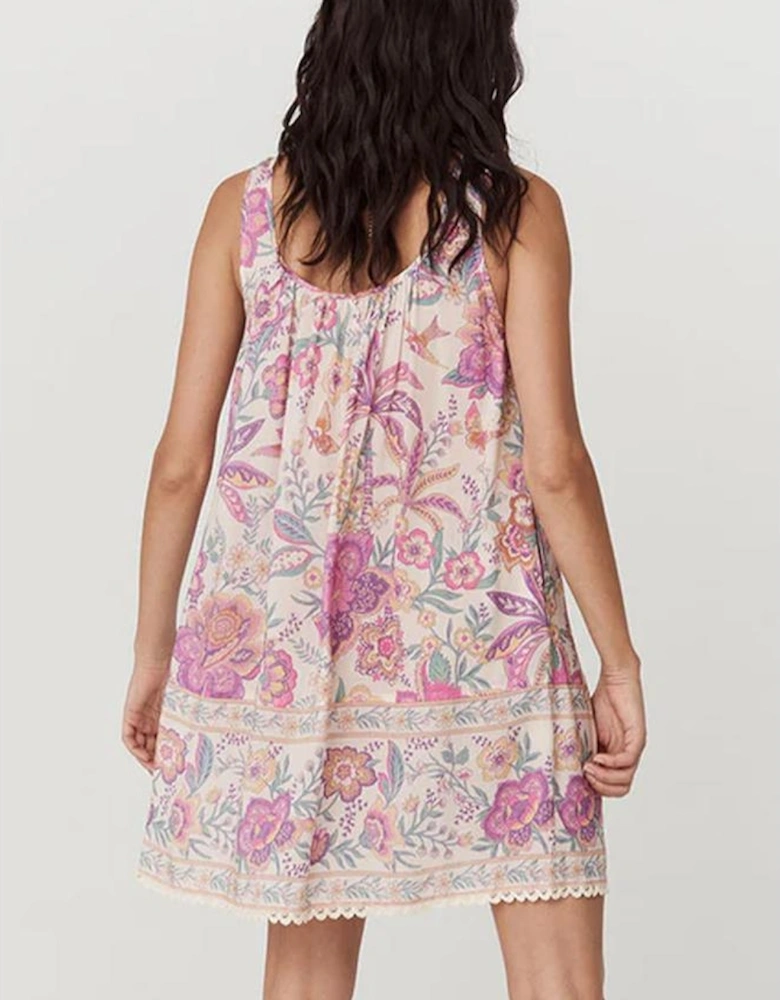 Multicolour Floral Print Fringed Tie U Neck Sleeveless Mini Dress