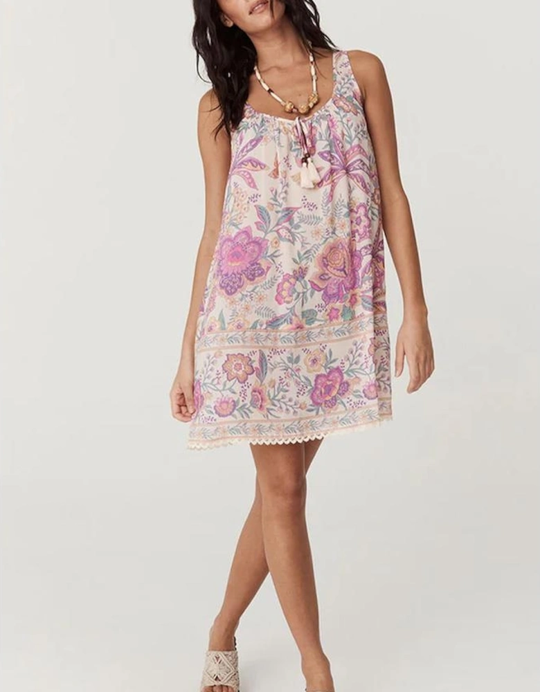 Multicolour Floral Print Fringed Tie U Neck Sleeveless Mini Dress