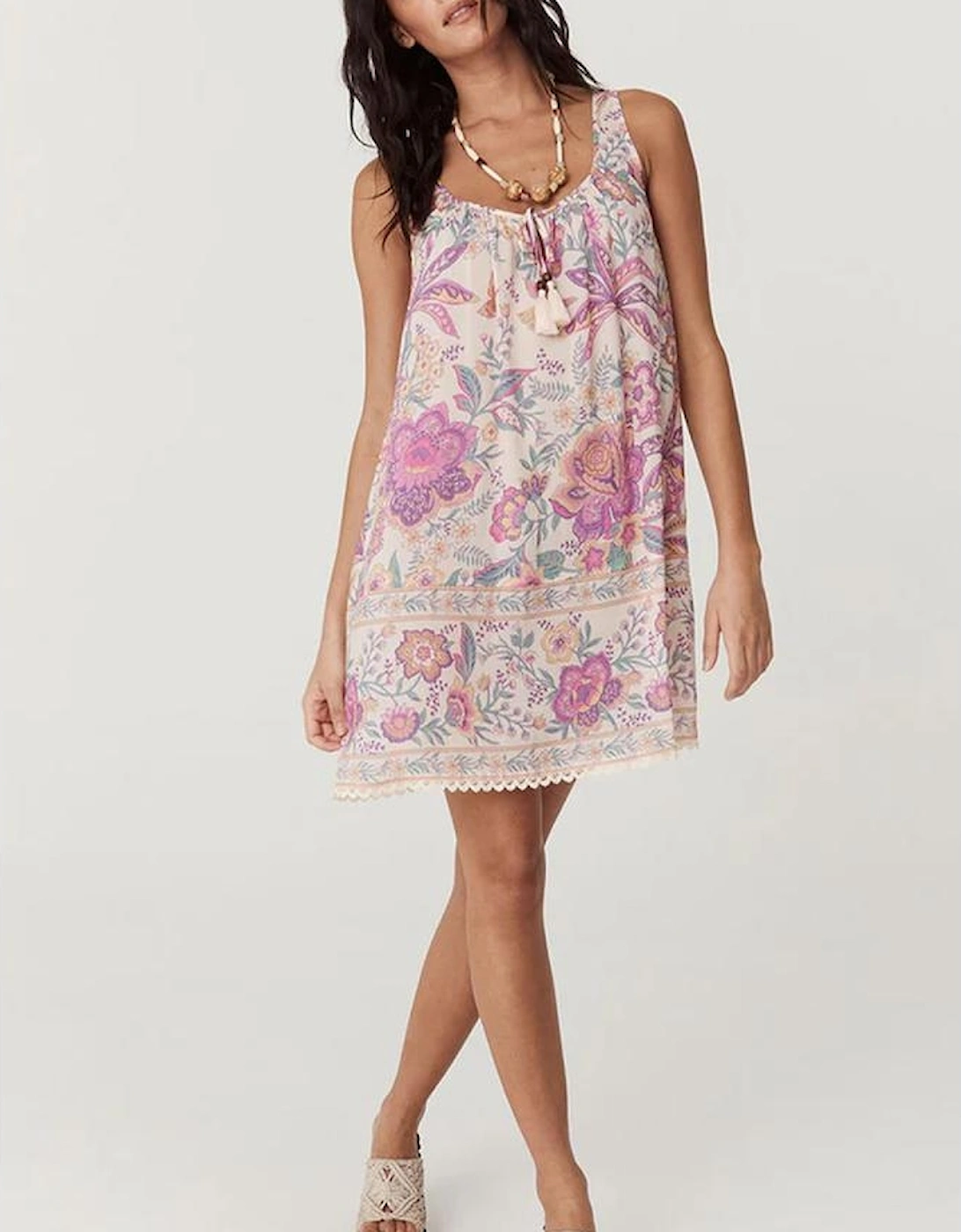 Multicolour Floral Print Fringed Tie U Neck Sleeveless Mini Dress