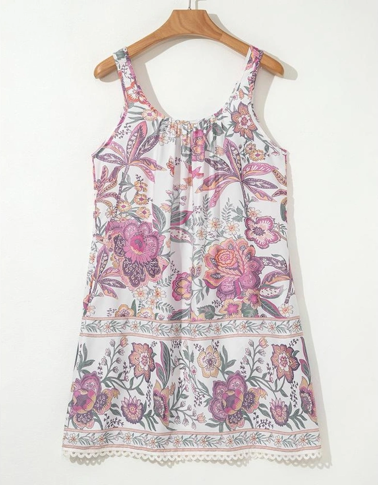 Multicolour Floral Print Fringed Tie U Neck Sleeveless Mini Dress
