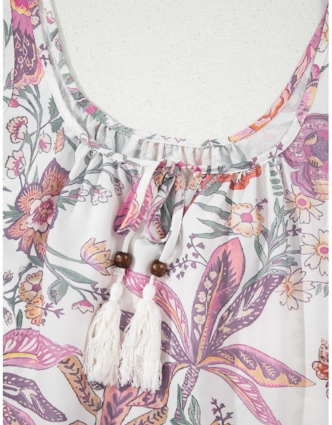 Multicolour Floral Print Fringed Tie U Neck Sleeveless Mini Dress