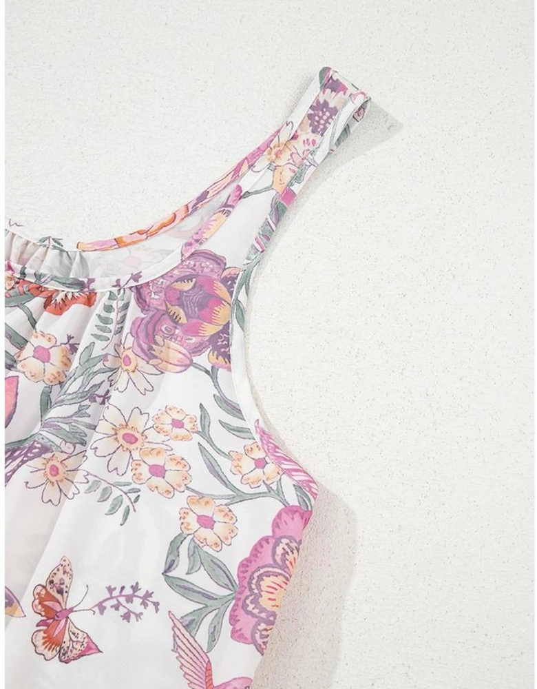 Multicolour Floral Print Fringed Tie U Neck Sleeveless Mini Dress