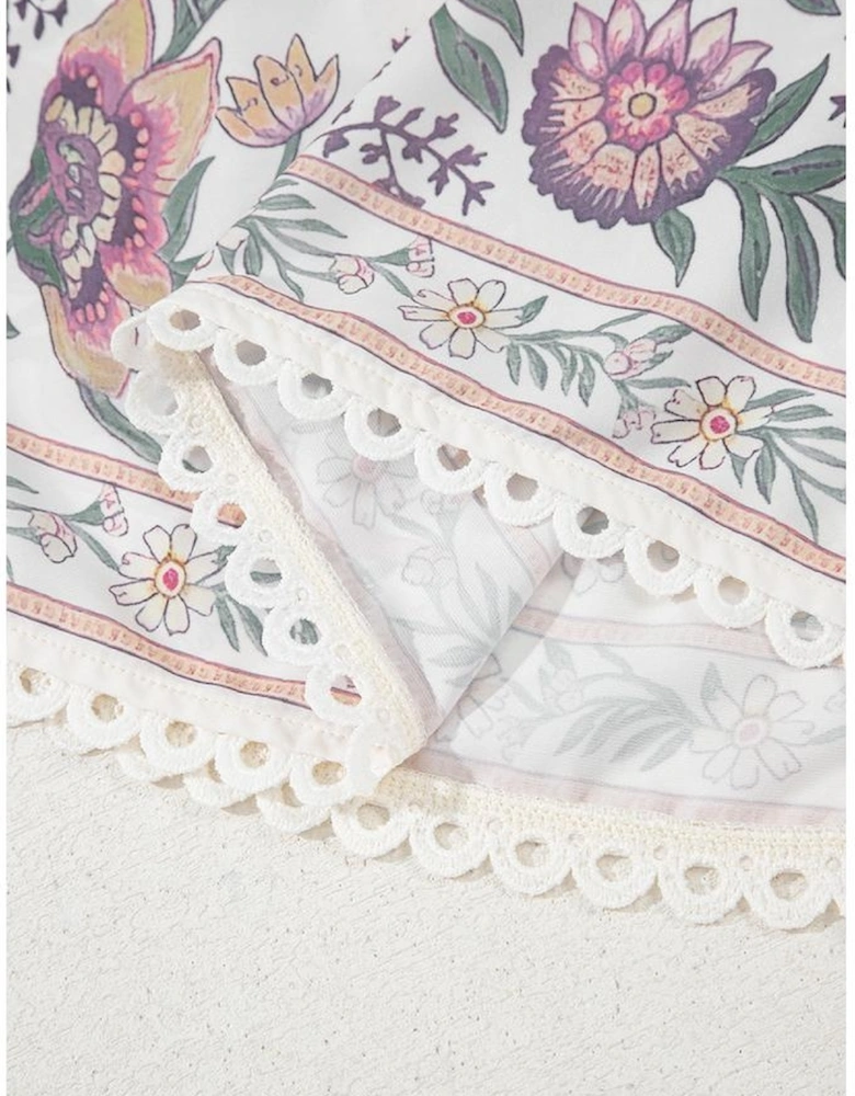 Multicolour Floral Print Fringed Tie U Neck Sleeveless Mini Dress