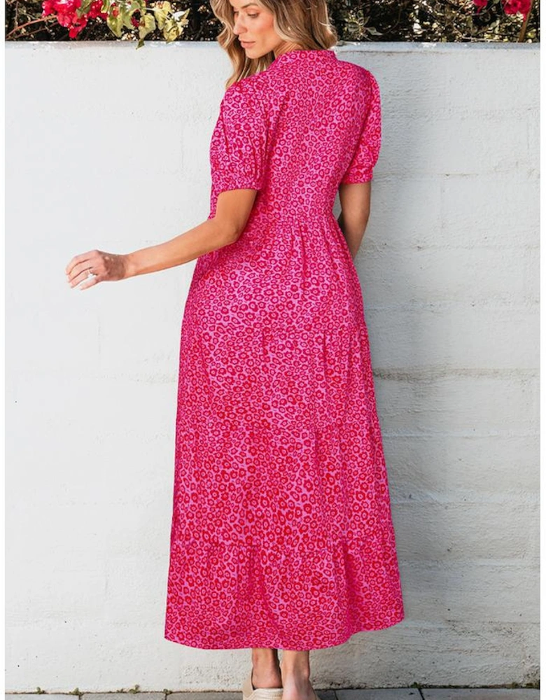 Rose Red Flower Mock Neck Puff Sleeve Tiered Maxi Dress