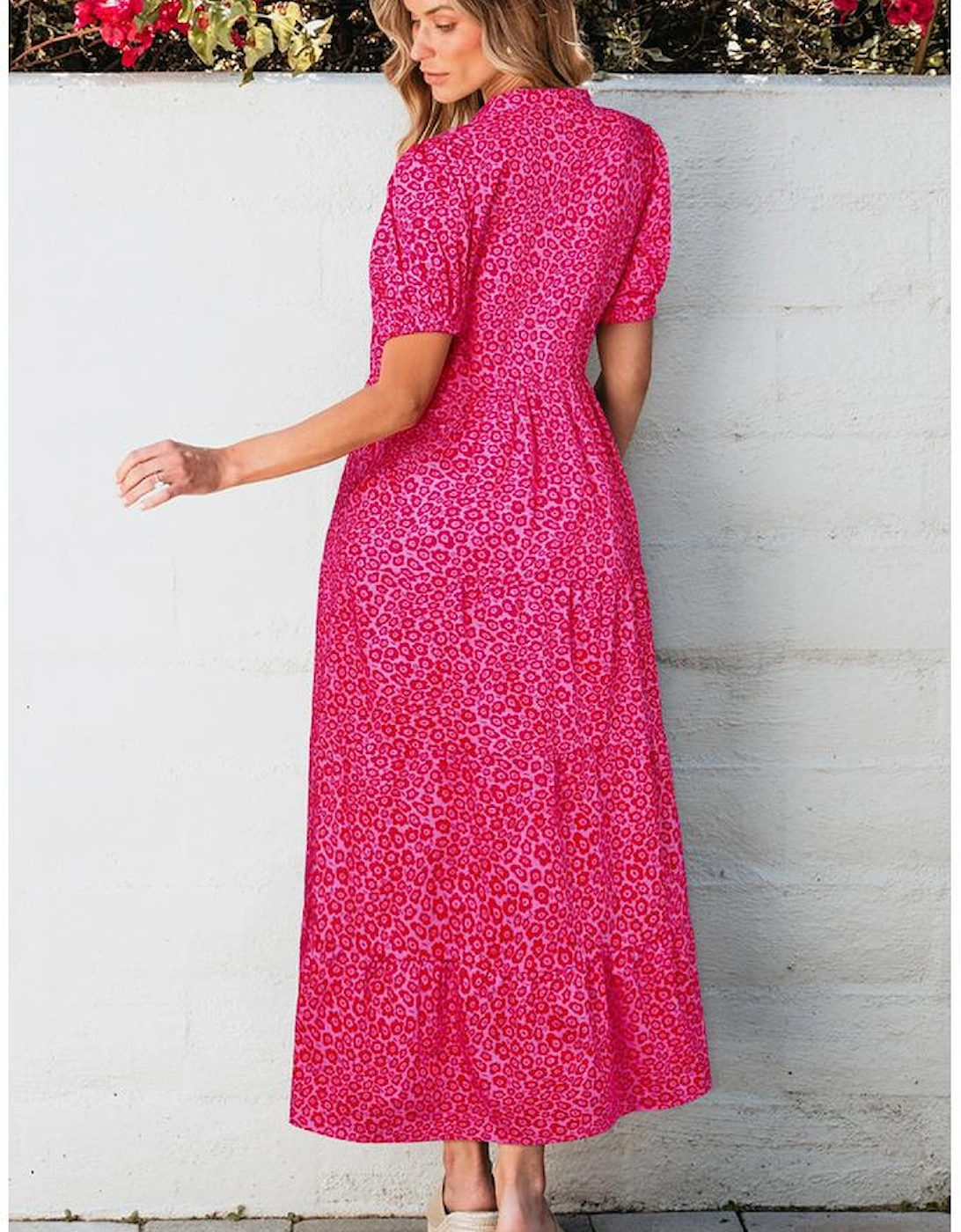 Rose Red Flower Mock Neck Puff Sleeve Tiered Maxi Dress