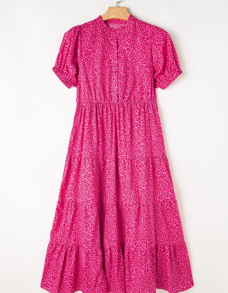 Rose Red Flower Mock Neck Puff Sleeve Tiered Maxi Dress