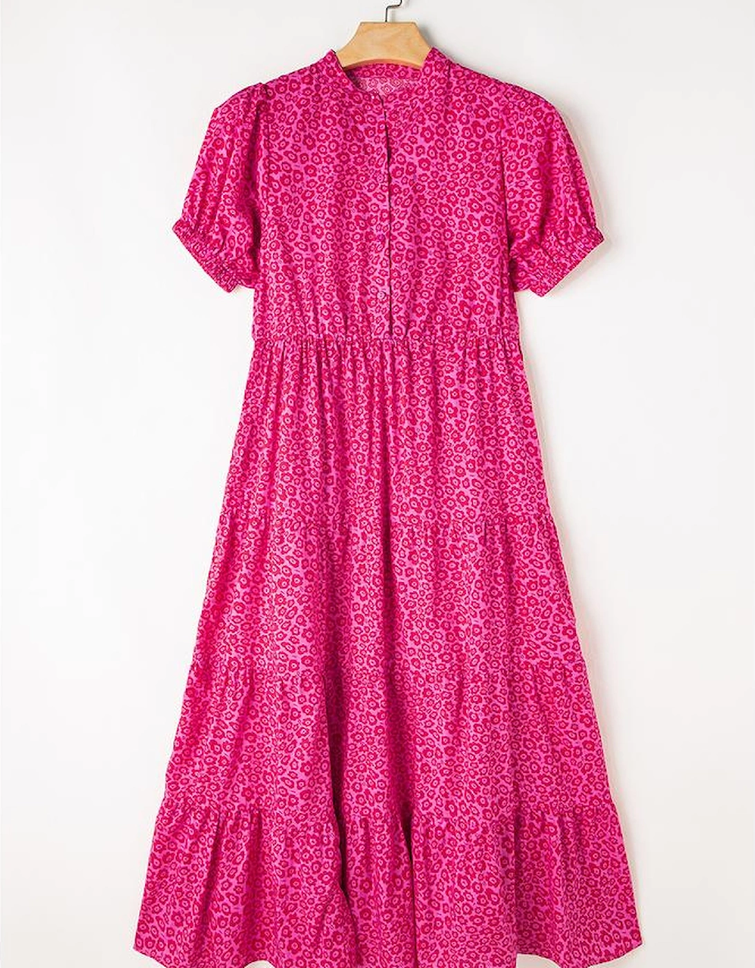 Rose Red Flower Mock Neck Puff Sleeve Tiered Maxi Dress