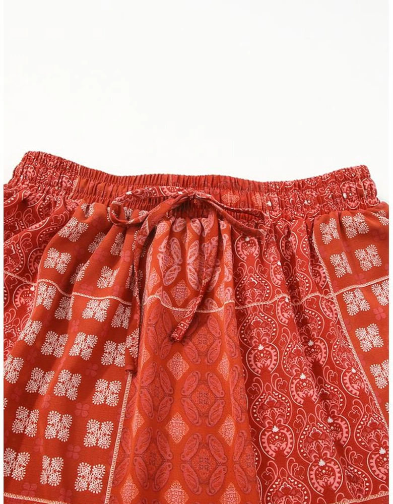 Red Bohemian Mix Print Long Flared Skirt