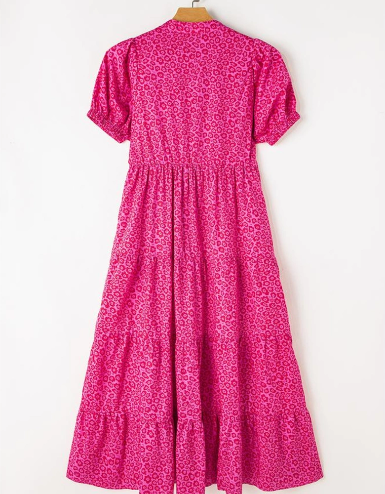 Rose Red Flower Mock Neck Puff Sleeve Tiered Maxi Dress