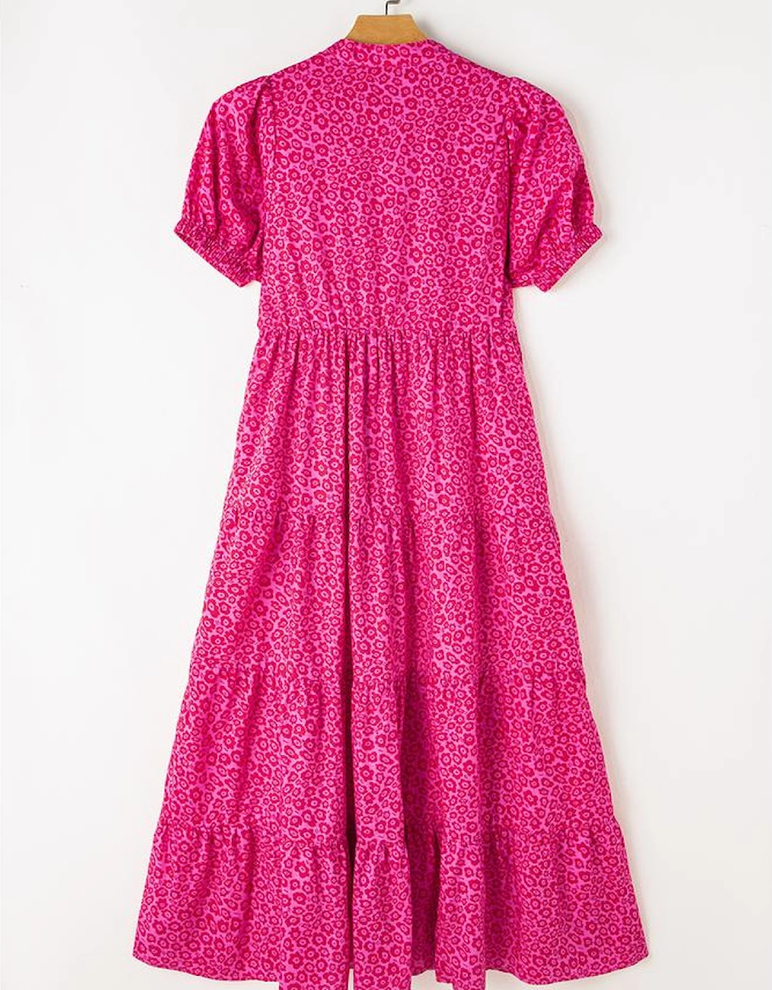 Rose Red Flower Mock Neck Puff Sleeve Tiered Maxi Dress