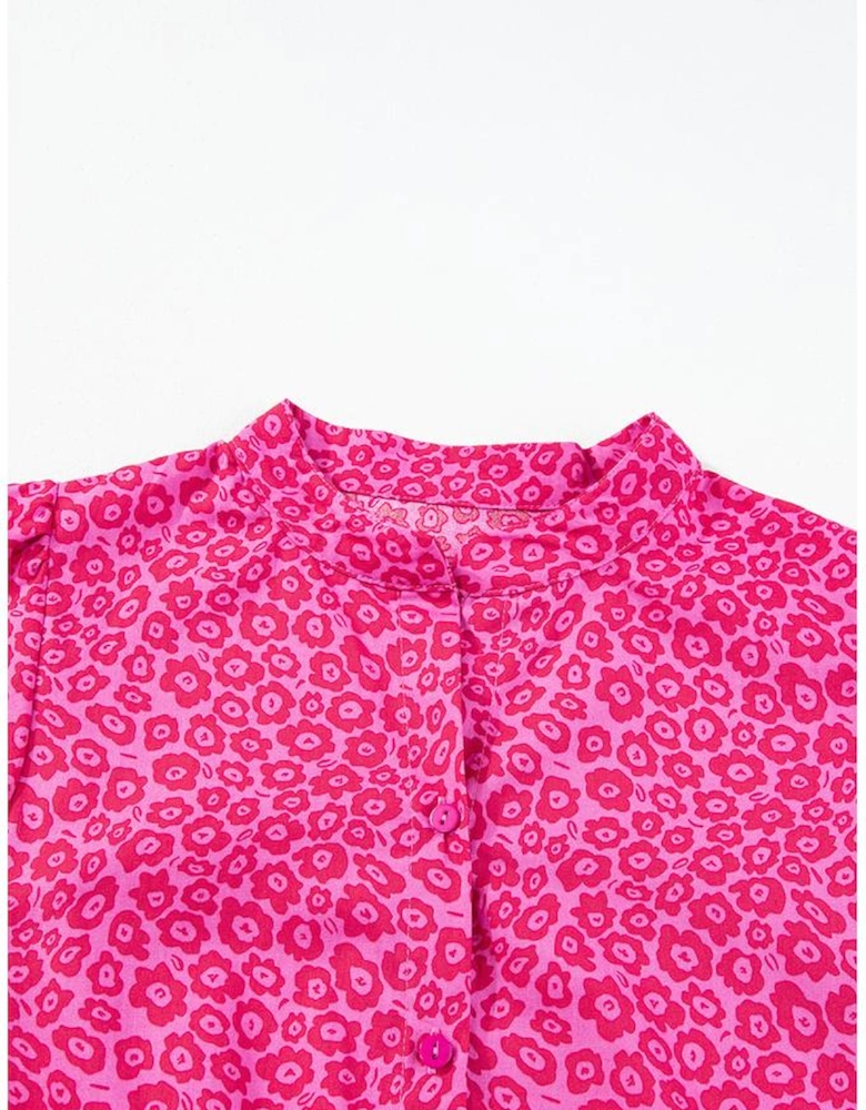 Rose Red Flower Mock Neck Puff Sleeve Tiered Maxi Dress