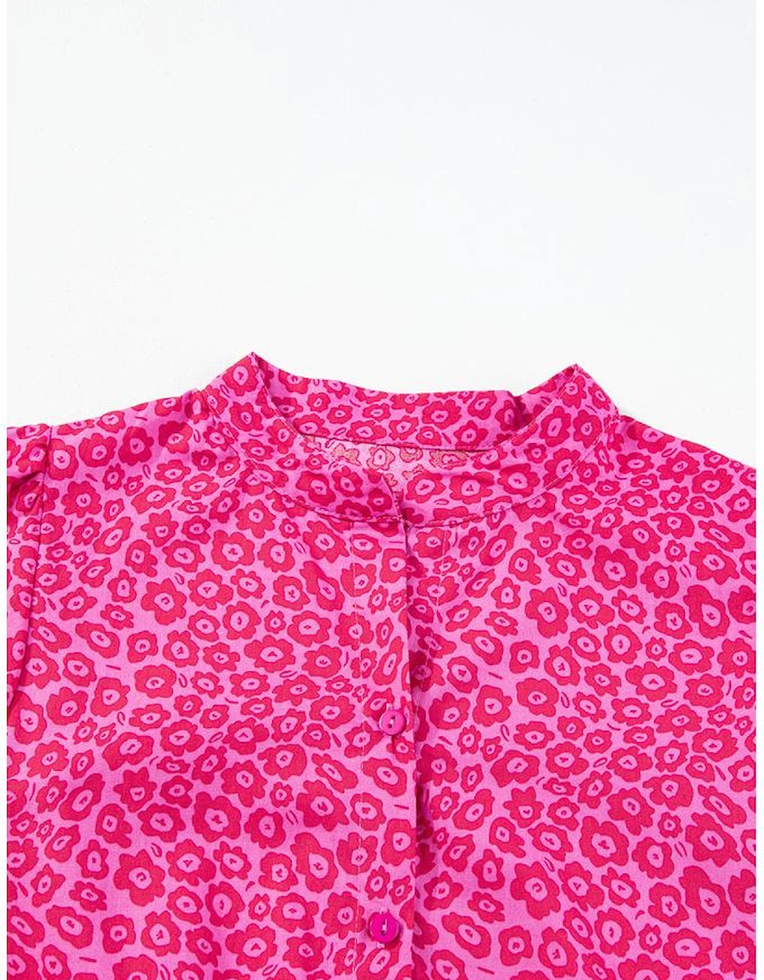 Rose Red Flower Mock Neck Puff Sleeve Tiered Maxi Dress