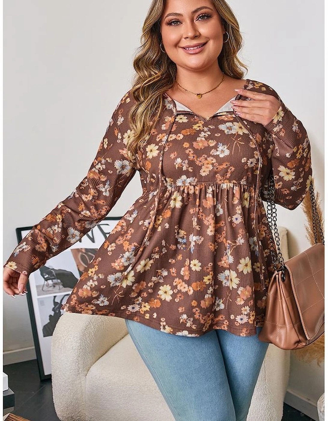 Khaki Floral Textured Tied Neck Long Sleeve Plus Size Babydoll Blouse