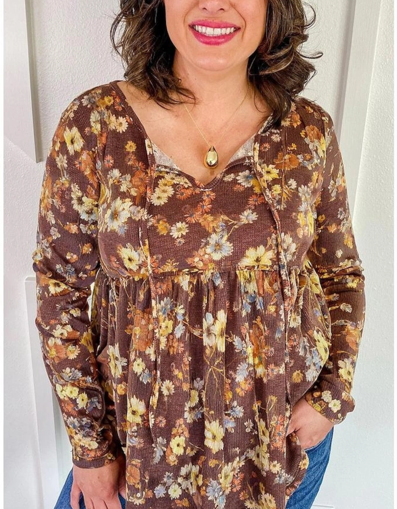 Khaki Floral Textured Tied Neck Long Sleeve Plus Size Babydoll Blouse