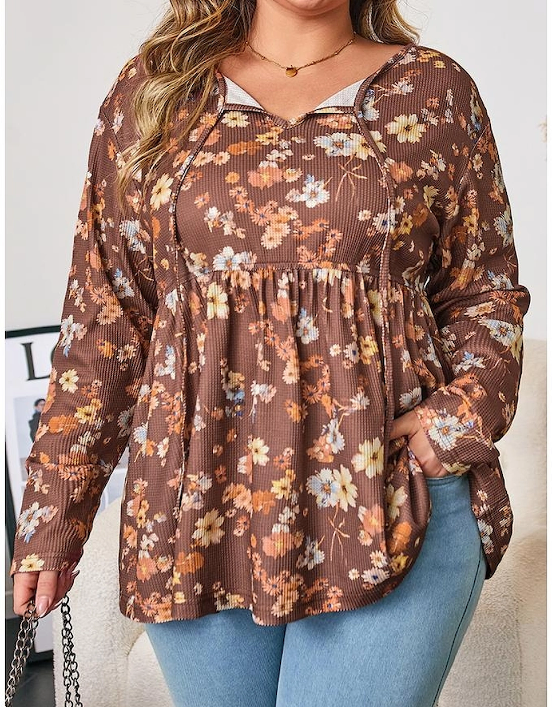 Khaki Floral Textured Tied Neck Long Sleeve Plus Size Babydoll Blouse