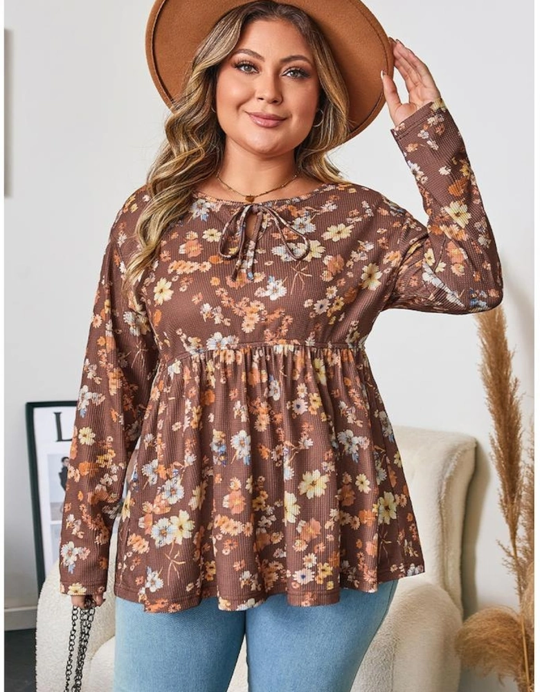 Khaki Floral Textured Tied Neck Long Sleeve Plus Size Babydoll Blouse