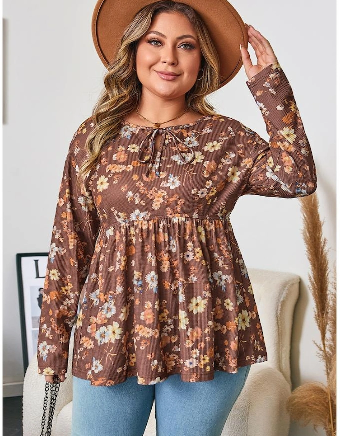 Khaki Floral Textured Tied Neck Long Sleeve Plus Size Babydoll Blouse