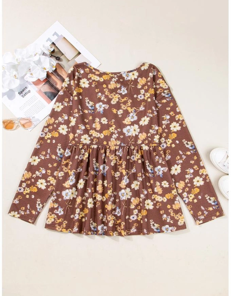 Khaki Floral Textured Tied Neck Long Sleeve Plus Size Babydoll Blouse