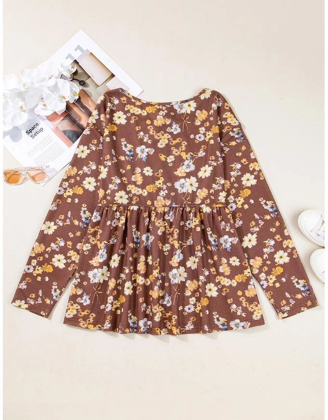 Khaki Floral Textured Tied Neck Long Sleeve Plus Size Babydoll Blouse