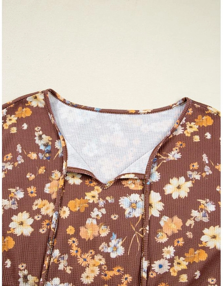 Khaki Floral Textured Tied Neck Long Sleeve Plus Size Babydoll Blouse