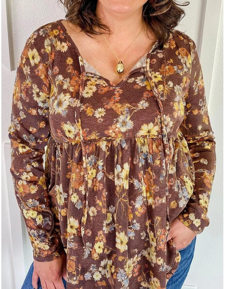 Khaki Floral Textured Tied Neck Long Sleeve Plus Size Babydoll Blouse