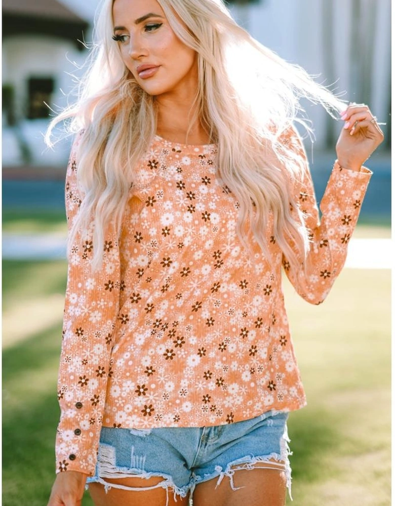 Orange Floral Knit Long Sleeve Top