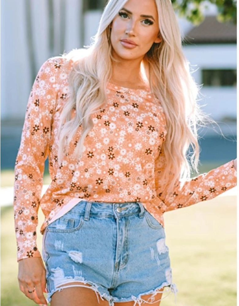 Orange Floral Knit Long Sleeve Top