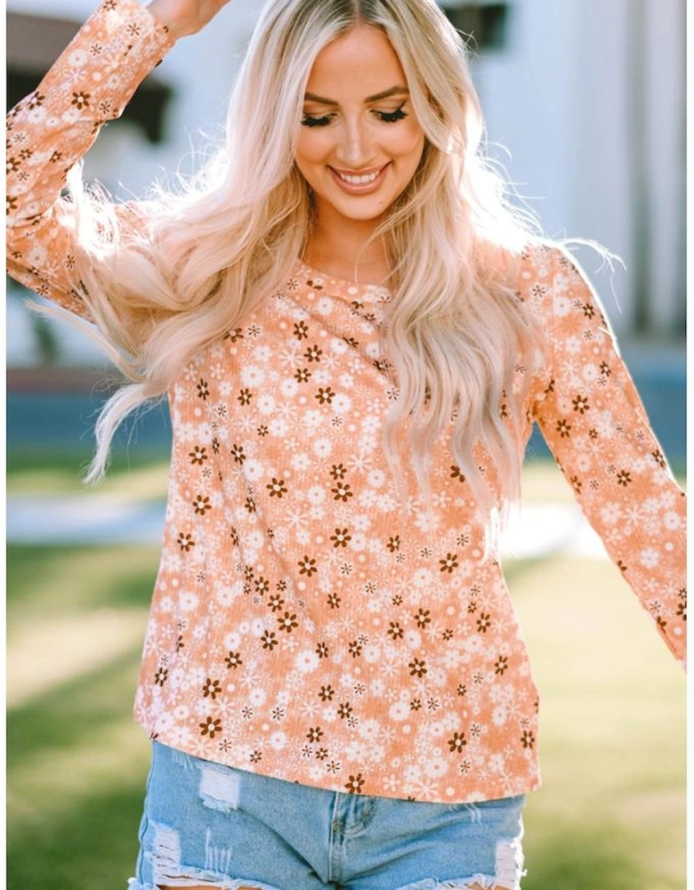 Orange Floral Knit Long Sleeve Top