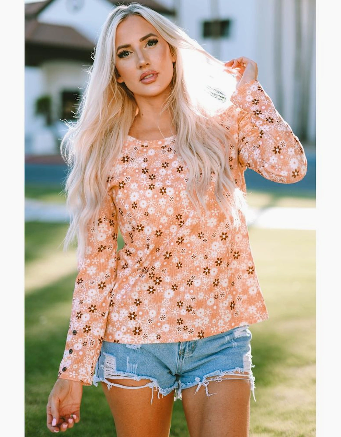 Orange Floral Knit Long Sleeve Top
