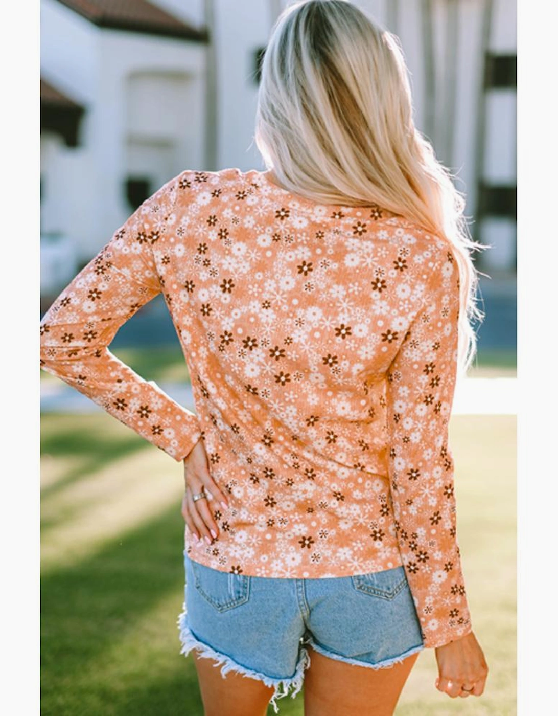 Orange Floral Knit Long Sleeve Top