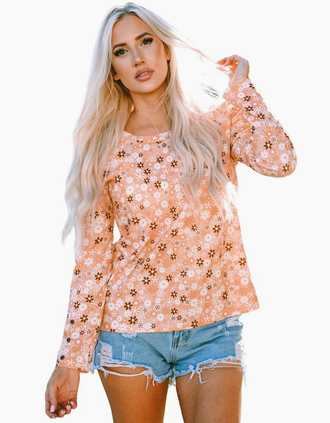 Orange Floral Knit Long Sleeve Top