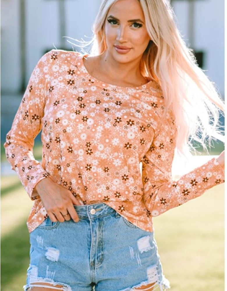 Orange Floral Knit Long Sleeve Top