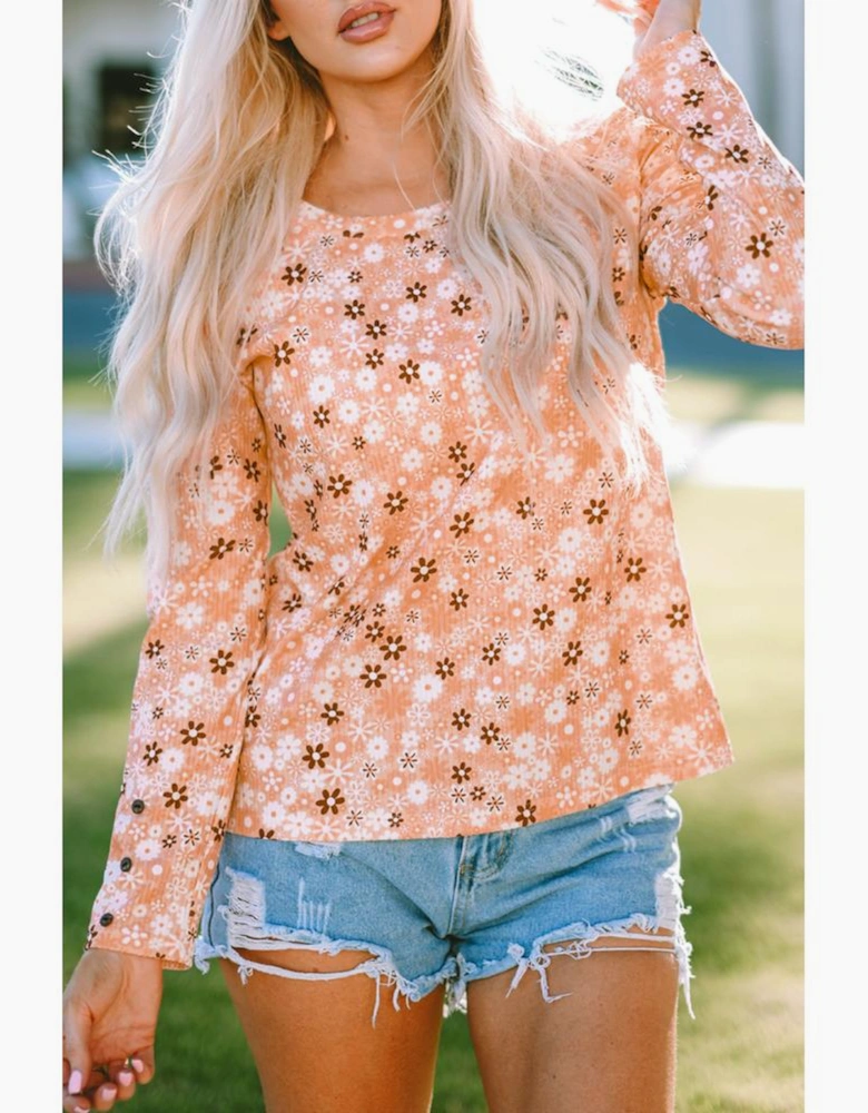 Orange Floral Knit Long Sleeve Top