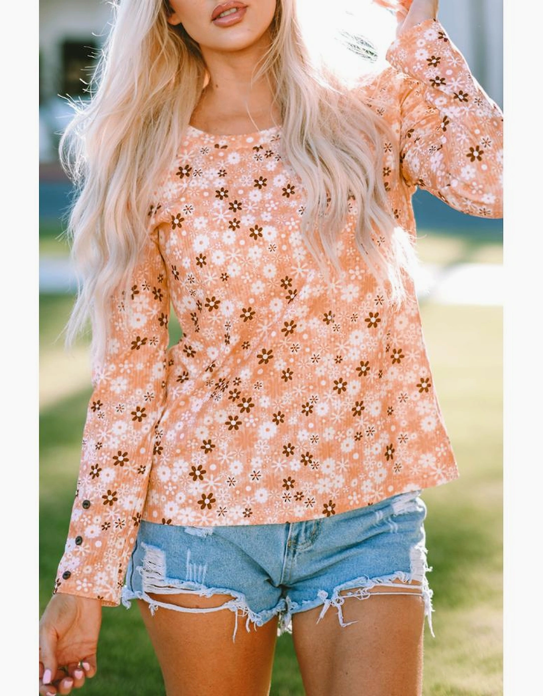 Orange Floral Knit Long Sleeve Top