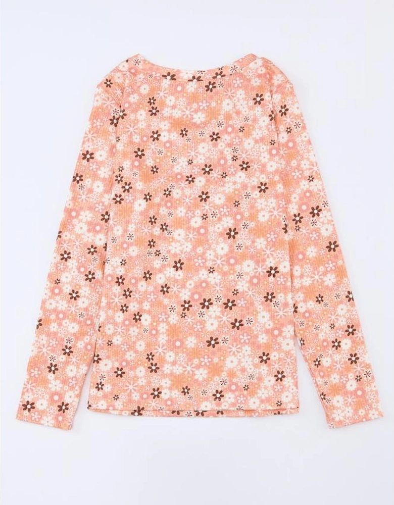 Orange Floral Knit Long Sleeve Top